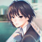  1girl amagami black_eyes black_hair black_jacket black_sailor_collar blazer blush closed_mouth collared_shirt highres jacket kibito_high_school_uniform lips looking_at_viewer nanasaki_ai oshizu outdoors portrait sailor_collar school_uniform shirt short_hair solo 