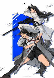  absurdres animal_ears arknights bang_dream! bang_dream!_it&#039;s_mygo!!!!! black_hair black_jacket black_shorts black_socks blue_eyes chinese_commentary commentary_request dynamic_pose full_body glass_shards gui_zao_doujiao gun highres holding holding_gun holding_sword holding_weapon jacket jacket_on_shoulders jumping katana kemonomimi_mode knife_in_mouth loafers long_hair long_sleeves medium_hair mouth_hold necktie one_eye_closed pants red_necktie rifle shiina_taki shirt shoes shorts socks standing standing_on_one_leg sword tail weapon white_jacket white_pants white_shirt wolf_ears wolf_girl wolf_tail yahata_umiri yahata_umiri_(moonlight_executioner) 