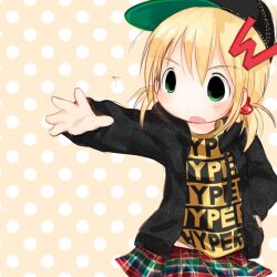 1girl 4chan black_hat black_hoodie black_jacket blonde_hair blush canihavepromo cap checkered checkered_clothes checkered_skirt child dotted_background english english_text female female_child green_eyes hair_ornament hat highres hoodie jacket letter_hair_ornament loli moe multicolored_clothes multicolored_skirt open_mouth pale_skin reaching reaching_out shirt short_hair simple_background skirt solo solo_focus striped striped_clothes striped_shirt text text_print twintails wt_snacks yellow_background yellow_shirt 