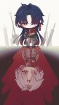  absurdres blade_(honkai:_star_rail) blood bouquet chibi closed_mouth earrings flower full_body grey_pants hair_over_one_eye highres holding holding_bouquet honkai:_star_rail honkai_(series) jewelry long_hair long_sleeves looking_down male_focus pants parted_bangs polearm red_flower ryoroche simple_background spear standing sword weapon white_hair yingxing_(honkai:_star_rail) 