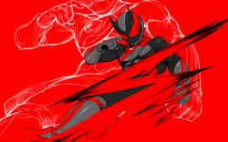  1boy absurdres full_body highres kamen_rider kamen_rider_zeztz kamen_rider_zeztz_(series) limited_palette male_focus red_background red_eyes rider_kick simple_background ticosanchezz tokusatsu zoom_layer 