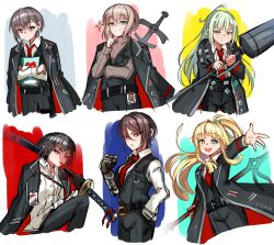  6+girls aoba_moca aqua_eyes bang_dream! bang_dream!_it's_mygo!!!!! belt black_belt black_coat black_gloves black_hair black_pants black_vest blonde_hair blush brown_eyes coat coat_on_shoulders collared_shirt commentary cosplay don_quixote_(project_moon) don_quixote_(project_moon)_(cosplay) dress_shirt faust_(project_moon) faust_(project_moon)_(cosplay) floating_hair gloves green_hair grey_hair grey_sweater hair_between_eyes heterochromia highres holding holding_notebook holding_weapon holstered hong_lu_(project_moon) hong_lu_(project_moon)_(cosplay) indoors junji_17 katana limbus_company long_hair long_hair_between_eyes long_sleeves male_focus meursault_(project_moon) meursault_(project_moon)_(cosplay) mitake_ran mortis_(bang_dream!) mortis_(persona)_(bang_dream!) mouth_hold multiple_girls necktie notebook open_clothes open_coat pants plectrum plectrum_in_mouth ponytail pout project_moon red_necktie red_streaks ryoshu_(project_moon) ryoshu_(project_moon)_(cosplay) shirt short_hair sparkle sweater sword takamatsu_tomori tsurumaki_kokoro vest violet_eyes wakaba_mutsumi weapon white_shirt yashio_rui yellow_eyes yi_sang_(project_moon) yi_sang_(project_moon)_(cosplay) 