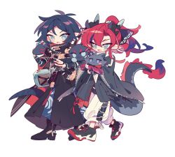  2boys :3 arknights black_coat black_shirt blue_hair blush_stickers chinese_clothes choshanland_plushy_(arknights) coat colored_shoe_interior colored_shoe_soles colored_tips commentary_request dragon_boy dragon_bubble_(arknights) dragon_horns dragon_tail green_eyes highres horns long_sleeves looking_down male_focus multicolored_hair multiple_boys open_mouth pants pointy_ears ponytail red_hair shirt shoe_soles shoes simple_background smile sneakers tail white_background white_pants wide_sleeves ym_dpl yu_(arknights) zuo_le_(arknights) 