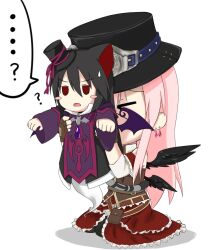  &gt;_&lt; 2girls ? animal_ears black_dress black_hair black_hat black_wings blush_stickers brown_corset carrying cat_ears cat_girl cat_tail chibi comedic_sweatdrop corset dress emil_chronicle_online frilled_dress frills ghost_girl ghost_tail hat hiding hiding_behind_another highres long_hair multiple_girls nekomata_kuro open_mouth piercing pink_hair red_dress red_eyes red_ribbon ribbon seiza sitting spoken_question_mark tail wings yukuri 
