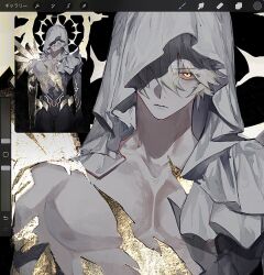  1boy arms_at_sides art_program_in_frame black_background broad_shoulders bulge closed_mouth commentary_request cracked_skin cropped glitter glowing glowing_eye hair_between_eyes halo halo_behind_head highres honkai:_star_rail honkai_(series) large_pectorals looking_at_viewer male_focus nipples one_eye_in_shadow partially_shaded_face pectoral_cleavage pectorals phainon_(honkai:_star_rail) phainon_(khaslana)_(honkai:_star_rail) procreate_(medium) procreate_(software) serious simple_background solo standing straight-on sunset_1830 toned toned_male upturned_eyes veil white_hair white_veil yellow_eyes yellow_halo 