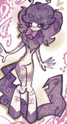  abstract_background absurdres animal_nose blue_eyes body_fur bow bowtie full_body furry furry_female grin highres hooves multicolored_fur original papilionidae pink_bow pink_bowtie purple_fur purple_hair purple_tail smile solo teeth twintails unicorn_horn 