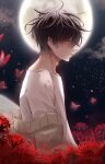  1boy black_hair bug butterfly earrings expressionless flower from_side full_moon highres jewelry messy_hair moon night night_sky original red_butterfly red_eyes sangonosyokudai short_hair sky solo spider_lily upper_body 