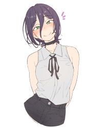 1girl arm_behind_back arms_behind_back black_choker black_hair black_ribbon black_shorts blush breasts chainsaw_man choker closed_mouth collared_shirt commentary cowboy_shot cropped_legs eitopondo green_eyes grenade_pin hair_between_eyes hair_bun head_tilt highres long_hair_between_eyes looking_at_viewer medium_breasts neck_ribbon notice_lines reze_(chainsaw_man) ribbon shirt shirt_tucked_in short_hair shorts simple_background sleeveless sleeveless_shirt smile solo white_background white_shirt wing_collar 
