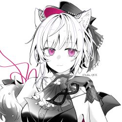  1girl :3 absurdres animal_ear_fluff animal_ears ascot bang_dream! bang_dream!_it&#039;s_mygo!!!!! breasts cat_ears cat_girl chinese_commentary closed_mouth commentary_request gloves hat highres holding holding_mask lanmei_nai_fu_ye looking_at_viewer mask medium_breasts short_hair simple_background smile solo spot_color upper_body violet_eyes white_background yuutenji_nyamu yuutenji_nyamu_(magician_of_passion) 