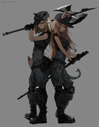  2girls animal_ears ankle_boots arknights back-to-back black_boots black_gloves black_hat black_horns black_pants black_shirt blonde_hair boots brown_hair brown_tail closed_mouth clothes_writing commentary ears_through_headwear expressionless fox_ears fox_girl fox_tail franka_(arknights) full_body gloves hair_between_eyes hat highres holding holding_weapon horns horns_through_headwear long_hair looking_at_viewer medium_hair multiple_girls orange_eyes pants peaked_cap pointy_ears pppmepl profile shirt short_sleeves smile standing strap tail vanilla_(arknights) weapon 