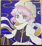  1girl blue_background closed_mouth commentary_request highres juliet_sleeves lapel_pin letty_whiterock long_sleeves looking_at_viewer puffy_sleeves purple_hair scarf short_hair smile solo touhou traditional_media umebitan upper_body violet_eyes white_headwear white_scarf 