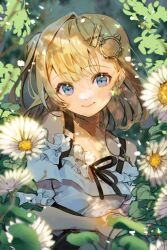  1girl bare_shoulders blonde_hair blue_eyes blurry closed_mouth dappled_sunlight day depth_of_field earrings flower frilled_shirt frills hair_ornament hairclip hashtag-only_commentary heart heart_earrings highres hololive hololive_english jewelry key key_necklace leaf light_blush light_particles looking_at_viewer nachoz_(nachozart) necklace off-shoulder_shirt off_shoulder one_side_up outdoors shirt short_hair short_sleeves smile solo sunlight upper_body virtual_youtuber watson_amelia watson_amelia_(street_casual) white_flower white_shirt 
