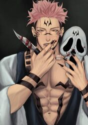  1boy aransmind arm_tattoo artist_name black_background black_nails black_trim blood blood_on_cheek blood_on_face blood_on_knife blood_on_mask cheek_tattoo chest_tattoo cowboy_shot cracked_mask ear_piercing extra_eyes eyebrow_piercing face_piercing facial_mark fingernails forehead_mark forehead_tattoo full-body_tattoo ghost_mask ghostface hand_on_own_chin highres holding holding_knife holding_mask ibispaint_(medium) japanese_clothes jujutsu_kaisen kimono knife lip_piercing long_fingernails looking_at_viewer male_focus marking_on_cheek mask open_clothes open_kimono piercing pink_hair plug_(piercing) red_eyes ryoumen_sukuna_(jujutsu_kaisen) scar scar_across_eye scar_across_eyebrow scar_on_arm scar_on_chest scar_on_face scar_on_stomach short_hair stomach_tattoo tattoo veins veiny_arms veiny_hands white_kimono 