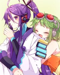  1boy 1girl :d ahoge bare_shoulders closed_eyes commentary_request double-parted_bangs goggles goggles_on_head gumi hair_between_eyes hand_up headset highres hug hug_from_behind kaho_0102 kamui_gakupo long_hair long_sleeves open_mouth orange_shirt parted_lips ponytail purple_hair red-tinted_eyewear shirt short_hair sleeveless sleeveless_shirt smile tinted_eyewear upper_body violet_eyes vocaloid white_shirt wide_sleeves 
