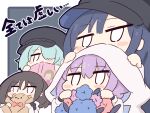  4girls aqua_hair arius_squad_(blue_archive) atsuko_(blue_archive) baseball_cap black_hair black_headwear blue_archive blue_hair chibi coat commentary_request hair_between_eyes hair_over_one_eye halo hat hiyori_(blue_archive) long_hair long_sleeves magazine_(object) misaki_(blue_archive) multicolored_hair multiple_girls open_clothes open_coat purple_hair saori_(blue_archive) short_hair stuffed_animal stuffed_toy teddy_bear translation_request umihio 