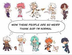  ! !! :d ahoge ahu_(to_be_hero_x) animal_ears animal_on_head armor big_johnny_(to_be_hero_x) bird black_cape black_hair black_suit blue_eyes blue_hair blue_trim braid brown_hair cape chasing chest_tattoo chibi chibi_only closed_eyes doodle_inset dove dragon_boy_(to_be_hero_x) e-soul_(to_be_hero_x) english_text everyone fedora full_body ghostblade_(to_be_hero_x) gold_trim guitar hair_slicked_back hand_on_own_hip hat head_tilt high_ponytail highres holding holding_guitar holding_instrument holding_polearm holding_weapon instrument kymeraka lin_ling_(to_be_hero_x) little_johnny_(to_be_hero_x) loli_(to_be_hero_x) long_hair long_sidelocks looking_at_viewer lucky_cyan_(to_be_hero_x) mask mouth_mask mullet necktie nice_(to_be_hero_x) on_head one_eye_closed orange_hair pants pink_eyes pink_hair pointing_with_thumb polearm ponytail purple_hair purple_pants purple_shirt queen_(to_be_hero_x) shirt short_hair sidelocks simple_background single_braid smile snapping_fingers sparkle speech_bubble standing standing_on_one_leg suit tattoo tiara tinted_eyewear to_be_hero to_be_hero_x v violet_eyes weapon white_background white_cape white_eyes white_hair white_suit x_(to_be_hero_x) yellow-tinted_eyewear yellow_eyes 