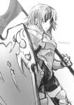  1girl ane-suisei armor facing_to_the_side fire_emblem fire_emblem:_the_binding_blade greyscale gwendolyn_(fire_emblem) headband highres holding holding_polearm holding_shield holding_weapon monochrome polearm shield solo thigh-highs weapon 