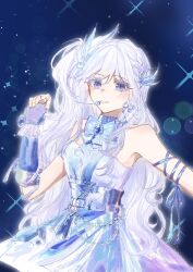  1girl absurdres arm_ribbon arm_warmers bare_shoulders belt belt_buckle blue_arm_warmers blue_belt blue_bow blue_bowtie blue_brooch blue_corset blue_dress blue_ribbon bow bowtie braid brooch buckle chain_belt corset cowboy_shot dress earrings eyelashes feather_hair_ornament feathers fingerless_gloves frilled_dress frilled_gloves frills gloves grin hair_between_eyes hair_ornament happy headset high_belt highres idol infinity_nikki jewelry light_blush light_particles lipstick long_hair makeup multiple_belts night night_sky nikki_(series) one_side_up outdoors outline pink_lips purple_gloves ribbon ribbon_earrings short_dress side_braid single_arm_warmer single_braid single_earring sky sleeveless sleeveless_dress smile solo sparkle standing star_(sky) starry_nocturne_(infinity_nikki) starry_sky studded_belt swept_bangs turtleneck turtleneck_dress very_long_hair violet_eyes wangzaixiaorouwan wavy_hair white_hair white_outline wrist_bow 