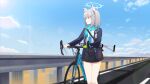  1girl animal_ears bicycle black_jacket black_skirt blue_archive blue_eyes blue_halo blue_scarf cross_hair_ornament feet_out_of_frame grey_hair hair_ornament halo highres jacket long_sleeves medium_hair nanju_bami open_clothes open_jacket pleated_skirt scarf shiroko_(blue_archive) shirt skirt solo white_shirt wolf_ears 