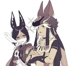  2boys animal_ears choker crossed_arms cyno_(genshin_impact) drawstring flower fox_ears genshin_impact giving_up_the_ghost greyscale helmet highres hood hood_down hoodie jewelry long_hair mm_(motot) monochrome multicolored_hair multiple_boys necklace open_mouth short_hair short_sleeves simple_background sparkle streaked_hair talking tighnari_(genshin_impact) upper_body vambraces 