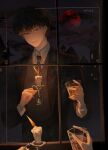  1boy black_hair black_jacket brown_eyes candle candlelight circle_of_inevitability cup dark fingernails guoqiao13582 highres holding holding_candle holding_cup indoors jacket klein_moretti looking_at_viewer lord_of_the_mysteries necktie parted_lips reflection shirt short_hair signature smile solo teeth vest white_shirt window 