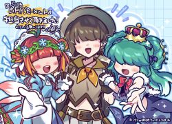  3girls ahoge aqua_dress aqua_hair asevi_andromeda_kushinada belt blue_bow blush_stickers bow bowtie brown_belt brown_gloves brown_hair brown_hat brown_shirt campaign_hat cropped_shirt crown dress duel_masters fal0811 gloves green_hair hair_bow hair_ornament hair_over_eyes hand_grab hat highres holding_hands kiyuri_(duel_masters) long_hair mermaid monster_girl multicolored_hair multiple_girls navel neckerchief notice_lines official_art open_mouth orange_hair orange_neckerchief pomirin_(duel_masters) reaching reaching_towards_viewer red_bow red_bowtie red_hair red_trim shirt signature skirt sparkle teeth translation_request upper_teeth_only white_gloves white_skirt 