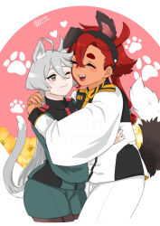  2girls 715piro_gon absurdres animal_ears asticassia_school_uniform blush cat_ears cat_girl cat_tail closed_eyes closed_mouth commentary dog_ears dog_girl dog_tail fang furry green_jacket green_shorts grey_eyes grey_hair gundam gundam_suisei_no_majo hand_on_another&#039;s_shoulder highres hug jacket kemonomimi_mode long_hair looking_at_another miorine_rembran multiple_girls open_mouth paw_pose school_uniform shorts suletta_mercury tail white_jacket white_shorts yuri 
