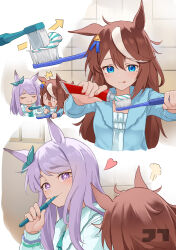  0_0 2girls :q absurdres arrow_(symbol) artist_logo blue_eyes blue_jacket blue_pajamas bow brown_hair brushing_teeth chibi clenched_hands closed_eyes closed_mouth commentary d: facing_another fingernails flipped_bangs frilled_shirt frills green_bow green_jacket green_pajamas hair_between_eyes hair_bow hair_ribbon hand_up hands_up heart highres holding holding_toothbrush indoors jacket jtleeklm light_blush logo long_hair long_sleeves looking_at_another medal mejiro_mcqueen_(umamusume) multicolored_hair multiple_girls multiple_views open_clothes open_jacket open_mouth pajamas parted_bangs puff_of_air purple_hair ribbon shirt side-by-side smile squeezing streaked_hair surprised thick_eyebrows tile_wall tiles tokai_teio_(umamusume) tongue tongue_out toothbrush toothbrush_in_mouth toothpaste two-tone_hair umamusume violet_eyes white_streaks window yuri 