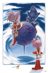  1boy 1girl amy_rose armor arms_behind_back blue_armor blue_sky boots bracelet chain clouds dress english_commentary eyelashes flower from_behind furry furry_female gloves gold_bracelet green_eyes hairband half-closed_eyes hedgehog_girl highres jewelry joints little_planet_(sonic) looking_to_the_side metal_sonic petals pink_fur planet pleated_skirt red_dress red_hairband red_shoes robot robot_joints sad shoes short_hair signature sitting skirt sky sleeveless sleeveless_dress sonic_(series) sonic_cd sonic_the_hedgehog_(classic) wellspkd white_gloves yellow_flower 