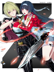  2girls absurdres arm_strap armband astra_yao bangboo_(zenless_zone_zero) black_coat black_hair black_pants blonde_hair blunt_sidelocks chest_harness coat coat_on_shoulders dress earrings elbow_gloves evelyn_chevalier gloves hairband half_gloves hand_on_another&#039;s_chest hand_on_another&#039;s_waist harness high-waist_pants highres jacket jackets jewelry knife latex_pants long_ribbon looking_at_viewer multiple_girls necklace necktie open_mouth pants pearl_necklace red_eyes red_jacket red_shrug ring_hair_ornament see-through_clothes shrug_(clothing) sidelocks single_elbow_glove single_half_glove sparkle string teeth thigh_beads tight_clothes tight_pants uneven_bangs user_traa3358 violet_eyes weapon white_dress white_hairband yellow_necktie zenless_zone_zero 