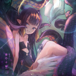  1girl black_dress blue_eyes book cyasha diamond_hairband dress flat_chest floating floating_book floating_object gradient_hair hairband hololive hololive_english low_wings multicolored_hair ninomae_ina&#039;nis ninomae_ina&#039;nis_(1st_costume) orange_hair orange_hairband pointy_ears single_thighhigh solo strapless strapless_dress tentacle_hair tentacles thigh-highs tube_dress virtual_youtuber wings 