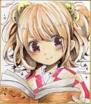  1girl book brown_hair closed_eyes highres holding holding_book light_smile looking_at_another medium_hair motoori_kosuzu open_book painting_(medium) solo totoki_mea touhou traditional_media two_side_up upper_body violet_eyes watercolor_(medium) 