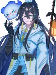  &gt;_&lt; 1boy :3 ameme_0204 aqua_eyes black_eyes black_hair chinese_clothes coat cosplay cup e.g.o_(project_moon) hair_between_eyes heterochromia highres holding holding_cup holding_weapon hong_lu_(project_moon) lantern limbus_company ling_(arknights) ling_(arknights)_(cosplay) looking_at_viewer male_focus project_moon simple_background smile to_remain_oneself_(e.g.o) tongue tongue_out weapon white_background white_coat x3 