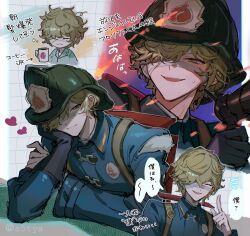  1boy bandage_over_one_eye bandaged_head bandages blonde_hair blue_pajamas chibi fangs firefighter_helmet firefighter_jacket florian_brand heart highres identity_v jacket looking_at_viewer male_focus messy_hair multiple_expressions pajamas s5tya shaded_face smile smirk 