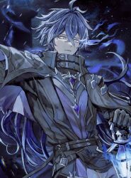  1boy absurdres antenna_hair belt black_belt black_gloves black_jacket blue_hair collared_jacket commentary cowboy_shot crossed_bangs empty_eyes expressionless flins_(genshin_impact) genshin_impact gloves hair_between_eyes highres holding holding_lantern jacket koumimi lantern long_hair male_focus outstretched_arm solo very_long_hair yellow_eyes 