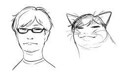  1boy animal_with_hair cat english_commentary kojima_hideo mokotoko9 real_life short_hair sketch sparse_stubble squinting whiskers white_background 