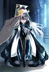  antinese artoria_caster_(fate) artoria_pendragon_(fate) black_bow black_dress blue_eyes blue_lips bow braid dress fate/grand_order fate_(series) grey_hair hair_bow highres long_hair morgan_le_fay_(fate) photo_(object) ponytail sidelocks two-tone_dress very_long_hair 
