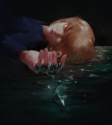  1boy absurdres blonde_hair blue_tabard chain closed_mouth formal_clothes gelo_ts hand_chains highres holding hunter_x_hunter jewelry kurapika looking_at_viewer lying on_back puddle red_eyes shirt short_hair solo suit tabard 