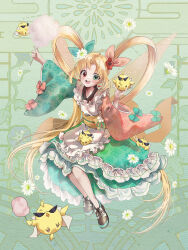  1girl :d apron arm_up bird bird_on_hand black_shoes blonde_hair bow cherry_earrings cotton_candy dairoku_ryouhei earrings flower food-themed_earrings full_body green_background green_eyes hair_bow hair_flower hair_ornament heterochromia highres jewelry long_hair long_sleeves maid_apron miruko_tete obi red_eyes sash shoes shu_freesia sleeve_bow smile sneakers sunglasses twintails very_long_hair wide_sleeves 