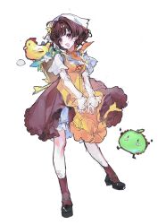  1girl absurdres ahoge ankle_socks apple apron basket bird black_shoes brown_eyes brown_hair brown_skirt brown_socks chicken country_lolita dot_nose floating_clothes flower flower_tattoo food food-themed_creature frilled_apron frilled_skirt frilled_sleeves frills fruit full_body green_apple hair_between_eyes hair_flower hair_intakes hair_ornament headscarf high-waist_skirt high_heels highres infinity_nikki junimo lace lace_sleeves layered_sleeves leg_tattoo lolita_fashion long_sleeves looking_to_the_side mary_janes neckerchief nikki_(series) open_mouth orange_neckerchief ouwei plant pleated_skirt potted_plant procreate_(medium) pumps see-through_clothes see-through_sleeves shirt shoes short_hair short_over_long_sleeves short_sleeves simple_background skirt sleeves_past_wrists smile socks solo standing stardew_valley stardew_valley_encounter_(infinity_nikki) tattoo white_background white_headscarf white_shirt yellow_apron yellow_flower 