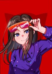  1girl absurdres bang_dream! black_hair blue_eyes blush closed_mouth commentary eyewear_lift gradient-tinted_eyewear highres junji_17 long_hair long_sleeves looking_at_viewer purple_shirt red-tinted_eyewear red_background shirt sidelocks solo tinted_eyewear upper_body wakana_rei 