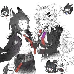  &gt;_&lt; 3girls adjusting_another&#039;s_clothes adjusting_clothes adjusting_necktie animal_ear_fluff animal_ears arknights bang_dream! bang_dream!_it&#039;s_mygo!!!!! black_gloves black_hair black_jacket black_shorts blue_eyes chibi chinese_commentary closed_eyes closed_mouth collared_shirt commentary_request crossover dianzi_xiaoxiong gloves gradient_necktie hair_between_eyes hair_ornament hairclip highres jacket jacket_on_shoulders lappland_(arknights) lappland_the_decadenza_(arknights) long_hair long_sleeves looking_at_another medium_hair multiple_girls necktie open_mouth red_necktie scar scar_across_eye scar_on_face shirt shorts smile white_background white_shirt wolf_ears wolf_girl yahata_umiri yahata_umiri_(moonlight_executioner) 