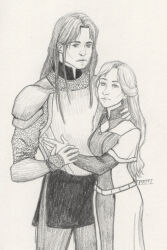 1boy 1girl armor breastplate chainmail closed_mouth clothing commission commissioner_upload couple dress earrings ears female gnarog_dougfral graphite_(medium) hair_behind_ear hand_on_another&#039;s_chest hand_on_another&#039;s_neck hand_on_chest hand_on_neck hetero high_resolution husband_and_wife jewelry long_hair looking_at_viewer male multiple_girls nemezish official_art pointed_ears restlittleplum smile traditional_media tunic ways_of_darkness_(series)