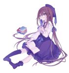  1girl book bookmark bow brown_hair character_request closed_mouth dress glasses hair_between_eyes hair_bow hat highres holding holding_bookmark long_hair long_sleeves low_twintails mizumizu_(phoenix) open_book original purple_dress purple_headwear purple_socks simple_background sitting socks solo twintails very_long_hair violet_eyes virtual_youtuber white_background 