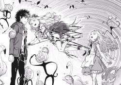1boy 1girl alice_anotherbible animal apron belt black_choker choker dress fantasy greyscale haimura_kiyotaka halftone_dot_(medium) highres jacket kamijou_touma monochrome novel_illustration official_art revealing_clothes the_other_alice toaru_majutsu_no_index toaru_majutsu_no_index:_genesis_testament too_many too_many_belts