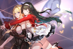  2girls absurdres accessories ailiaote4034 arm_strap astra_yao black_hair black_pants black_shoes blonde_hair blunt_sidelocks bracelet bug butterfly chest_harness closed_eyes closed_mouth dress earrings elbow_gloves evelyn_chevalier from_behind gloves hairband half_gloves harness high-waist_pants highres hug jacket jackets jewelry latex_pants long_ribbon moth multiple_girls necklace necktie open_mouth pants pearl_necklace red_jacket red_shrug ribbon ring_hair_ornament see-through_clothes shoes shrug_(clothing) sidelocks single_elbow_glove single_half_glove string thigh_beads tight_clothes tight_pants uneven_bangs violet_eyes white_dress white_hairband white_ribbon yellow_necktie zenless_zone_zero 
