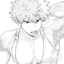  1boy arm_behind_head armpits bakugou_katsuki boku_no_hero_academia collarbone commentary_request greyscale katsuki_angel looking_at_viewer male_focus monochrome nipple_slip nipples pectorals red_eyes short_hair simple_background solo spiky_hair tank_top tongue tongue_out upper_body white_background 