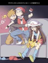  88_(einnimnech) black_shirt blue_oak blue_shirt brown_hair brown_jacket coach electricity group_picture hat highres holding holding_poke_ball jacket jigglypuff leaf_(pokemon) long_hair pikachu poke_ball poke_ball_(basic) pokemon pokemon_frlg red_(pokemon) red_hat red_skirt red_vest shirt short_hair skirt spiky_hair translation_request vest white_hat 