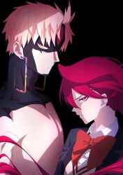  1boy 1girl acrobatic_silky_(dandadan) black_background blue_jacket bow bowtie closed_mouth collared_shirt commentary_request dandadan earrings enjoji_jin evil_eye_(dandadan) from_side highres jacket jewelry kami_high_school_uniform long_hair looking_at_viewer pink_hair possessed profile red_bow red_bowtie school_uniform shiratori_aira_(dandadan) shirt short_hair sweater_vest third_eye topless_male transformation upper_body wasa7subi white_shirt 