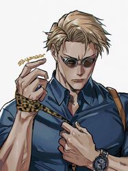  1boy animal_print blonde_hair blue_shirt collared_shirt english_commentary goggles highres jujutsu_kaisen leopard_print looking_at_viewer male_focus nanami_kento necktie shirt short_hair solo upper_body watch watch yellow_necktie zu_yuan_cesar 